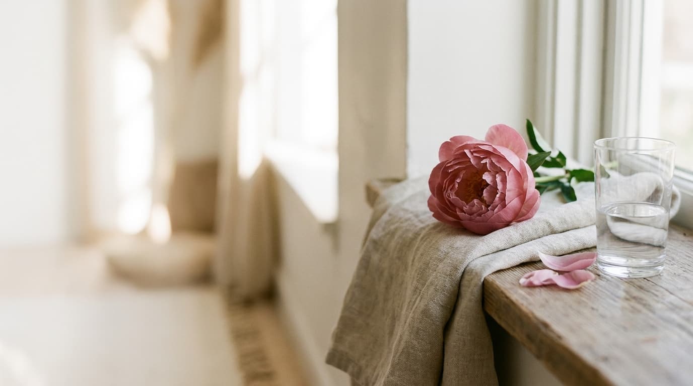 Ruhiges Morgenlicht, eine Pfingstrose auf hellem Leinen am Fenster