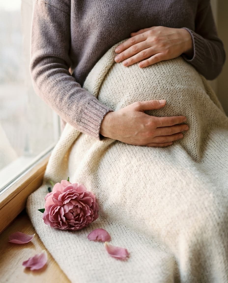Hände, die einen Bauch halten, mit Pfingstrose — Raum für Trauer nach ausgebliebener Schwangerschaft